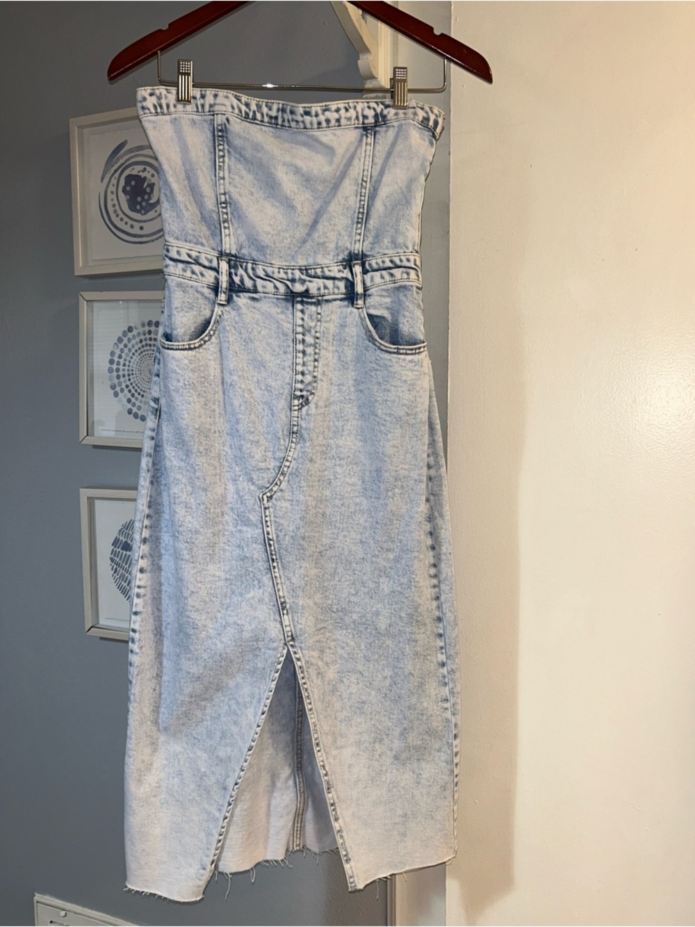GB Gianni Bini Size S Strapless Denim Raw Hem Midi Dress Acid Wash Slit NWT - Picture 8 of 8